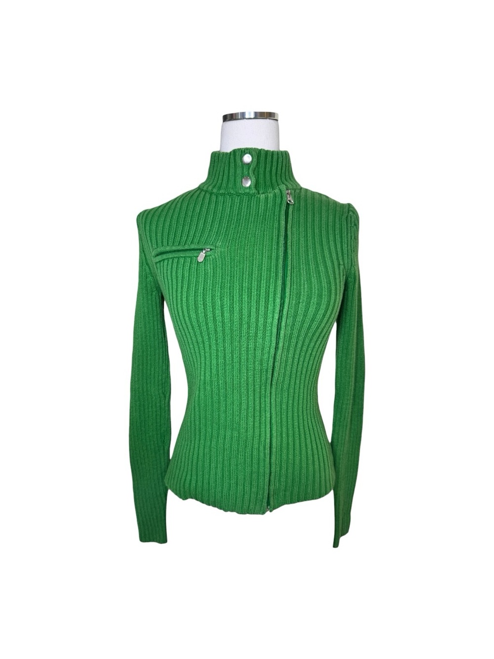 Y2K Moda International Kelly Green Ribbed Zip Women's Moto Sweater Size Medium